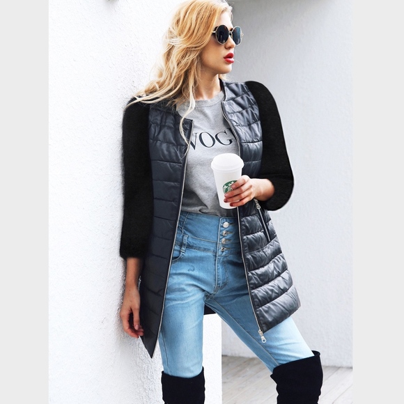 Black Zip Up PU Quilted Vest Jacket - Picture 6 of 8